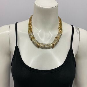 Vintage Gold Tone Metal Rhinestone Necklace by KJ Chunky‎ & Elegant Great Design